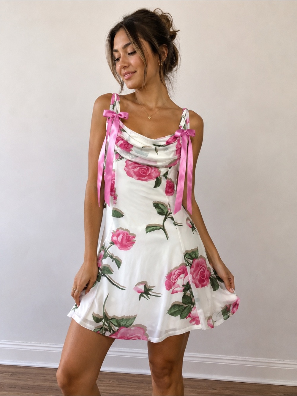 Rose Print Satin Cowl Mini Dress with Pink Ribbon Ties